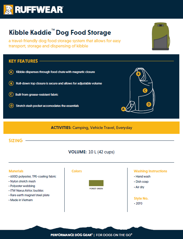 Ruffwear Kibble Kaddie Dog Food Storage Bag - 42 Cup Waterproof Container For Travel & Camping